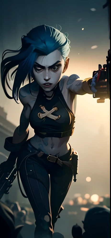 jinx pointing her gun into the camera, blue cloud tattoo, (masterpiece, best quality), side lightning, beautiful detailed eyes, angry face) insanity , madness smile, (best quality), (masterpiece), magical photography, dramatic lighting, photo realism, ultr...