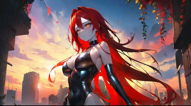 ((((Obra maestra, La mejor calidad, ultrahigh resolution)))), 1girl, standing, (sexy latex costume), ((long red hair, red hair over eye)), long hair cut, pale skin, ((golden eyes)), glowing_eyes, neon eyes, (ultra detailed eyes:0.7, beautiful and detailed ...