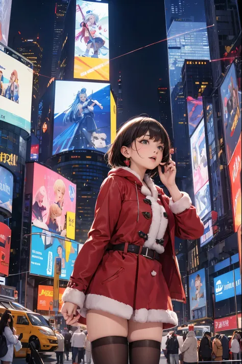 (((Christmas Day、In front of a giant digital billboard in Times Square, That giant digital billboard is broadcasting her appearance live... Steam sales from the road))), ((winter clothes in christmas colors)), Looking away, Angle from below, (drooping eyes...