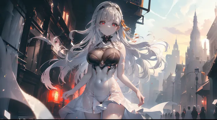 ((((Obra maestra, La mejor calidad, ultrahigh resolution)))), 1girl, standing, (cute maid costume), ((long silver hair, silver hair over eye)), long hair cut, pale skin, ((red eyes)), glowing_eyes, neon eyes, (ultra detailed eyes:0.7, beautiful and detaile...