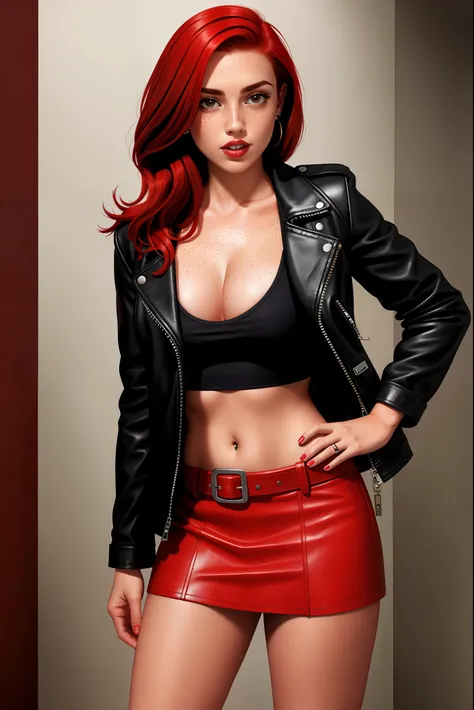 freckled fair skinned girl, intensely red hair, leather jacket, mini skirt, full body shot, open jacket, nipple rings