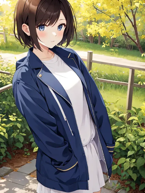 (((tmasterpiece))), Shizuka Mikazuki, 1 girl, Alone, looking at viewert, Short hair details, Brown hair, longer sleeves, LOP, middling, shut up, 鎖骨, jaket, Open your clothes, open jaket, blue jaket, groundvehicle, exercise well, bikes,