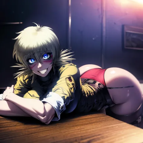 Seras victoria, laying down on table, hellsing ultimate, harness, blue eyes, (((red eyeliner makeup))), ((sadistic grin))), flair cut hair, ass