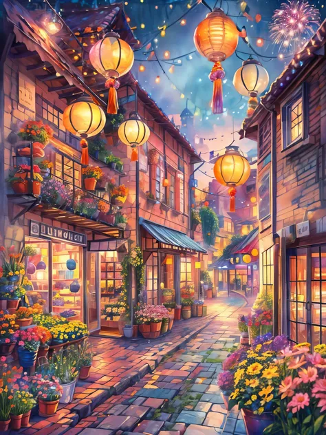 (Faraway view:1.8), New Year&#39;s Day，(fireworks in the night sky:1.5)，Quaint European village，(corner flower shop:1.5)，beautiful  flowers，warmly lit，(filled with many colorful lanterns and decorations:1.5)，Girl standing on charming cobblestone street, Ba...