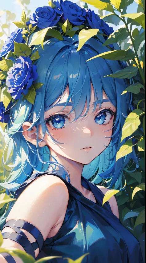 (Best quality at best,4K,8K,A high resolution,tmasterpiece:1.2),ultra - detailed,actual:1.3 like,Blue-haired girl (20yr old),eBlue eyes,lush green shirt,Long blue rosemary petals surround her,A mocking expression.