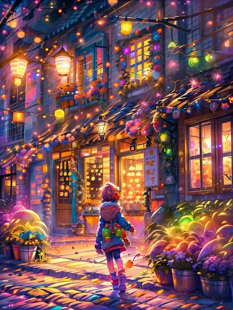 (Faraway view:1.8), ((at winter season))，(New Year&#39;s Day)，(fireworks in the night sky:1.8)，Quaint European village，(corner flower shop:1.5)，beautiful  flowers，warmly lit，(Filled with many colorful lanterns and New Year decorations:1.8)，Girl standing on...