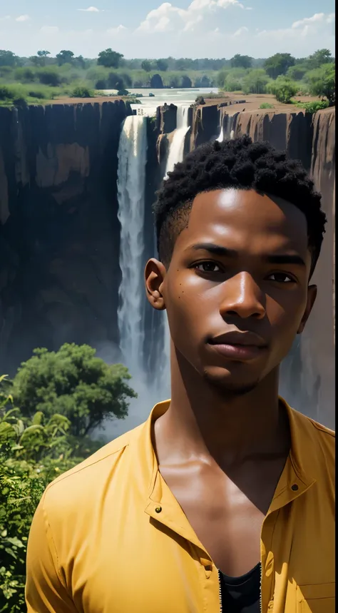 ((realistic)), cinematic shot, movie theater, photo referenced, highest quality, high quality, (detailed face and eyes:1.1), handsome african boy, victoria falls background, beautiful scene with rainbow, victoria falls, zambia, ((healthy green vegitation))