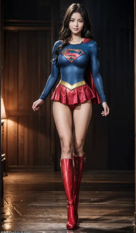 no background、fitted supergirl costume、body fit costumes、and draw the full body、(((wear black tights on your beautiful legs.)))、...