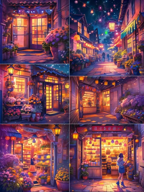 (Faraway view:1.8), ((at winter season))，(New Year&#39;s Day)，(fireworks in the night sky:1.8)，Quaint European village，(corner flower shop:1.5)，beautiful  flowers，warmly lit，(Filled with many colorful lanterns and New Year decorations:1.8)，Girl standing on...