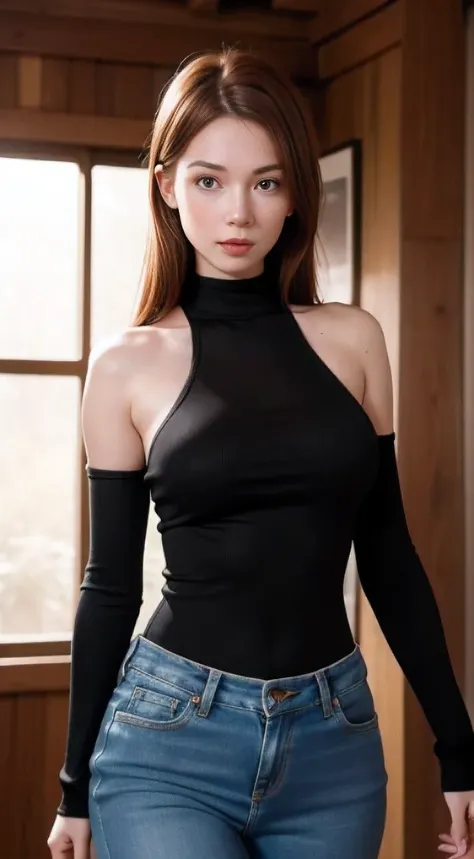 An ultra-detailed fine art photograph of red-haired girl in a JEANS OUTFIT dress, her body shape is eye-catching, glowing with an ethereal radiance that captures the viewers attention. Her virtual form radiates an air of mystery and attraction, while her f...