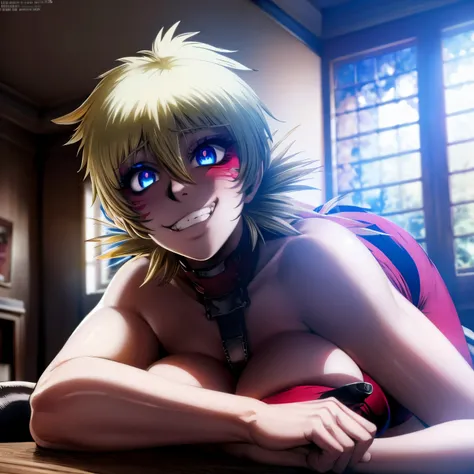 Seras victoria, laying down on table, hellsing ultimate, harness, blue eyes, (((red eyeliner makeup))), ((sadistic grin))), flair cut hair, ass