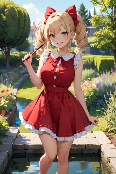 ((best quality)), ((masterpiece)), (detailed), perfect face, slim, blonde curly hair,  girl with freckles, green eyes, pigtails with bows, ((red puffy dress)), bows, average_breasts, smiling, garden, High detailed, 1 girl, standing up, feet on river, bare ...