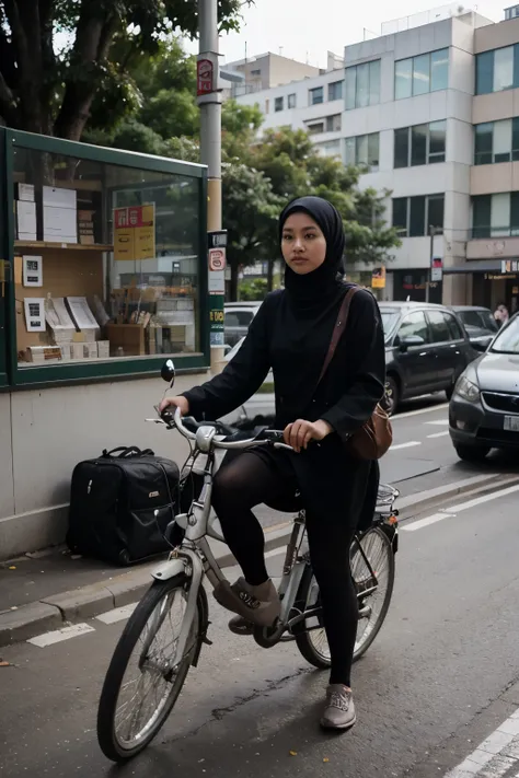 Photograph a Malay girl in hijab as she navigates the urban jungle, confidently commuting to work or school, showcasing her modern lifestyle in the heart of the city.