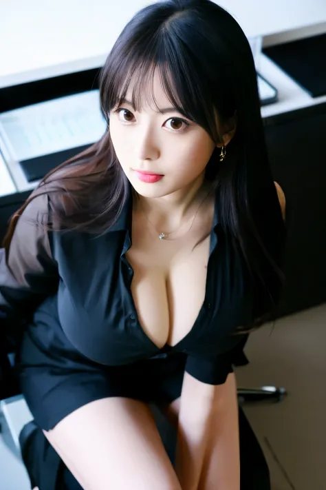 best quality ,masterpiece,ultra high res, very beautiful, kawaii, (photo realistic:1.4), 1girl, Japanese, ((above the knee)), finger to mouth, long hair, black hair, looking at viewer, huge breasts, cleavage, wearing secretary, in the office, Cinematic, 35...