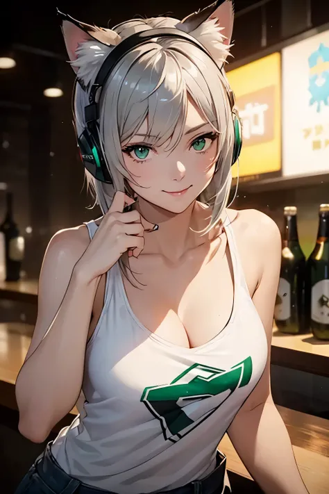 Female Solo、Messy short silver hair、a smile、Sharp eyes、Emerald green eyelids White T-shirt with cat ear headset on the chest、GM6 Lynx、girls frontline、Dolls Frontline、Night Bar Background、Drunk、Drink Corona beer、high-level image quality、hightquality、high-de...