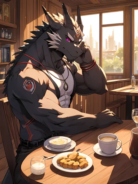 (ByZEphyrus),furry,bara,black dragon,pink eyes,muscular,Wearing a white suit..,Sitting in a coffee shop 1.7,Warm atmosphere,partial sunlight,Eyes looking out the window,