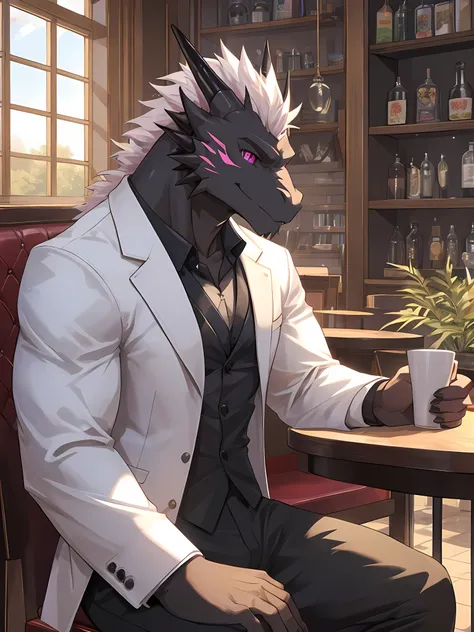 (ByZEphyrus),furry,bara,black dragon,pink eyes,muscular,Wearing a white suit.,black pants,Sitting in a coffee shop 1.7,Warm atmosphere,partial sunlight,Eyes looking out the window,