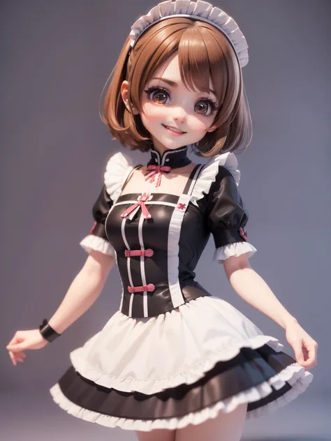 tmasterpiece，Maid style，comic strip，adolable，tiny girl，(((full bodyesbian))), Smiling smile, short brown hair，Katyusha on the head, Wearing black and white maid clothes，There are white lace decorations on the clothes.，curious expression，game character，3d r...