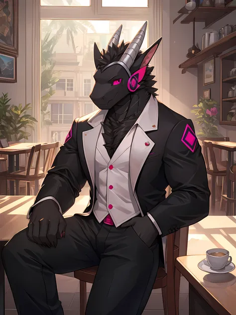 (ByZEphyrus),furry,bara,black dragon,pink eyes,muscular,Wearing a white suit.,black pants,Sitting in a coffee shop 1.7,Warm atmosphere,partial sunlight,Eyes looking out the window,