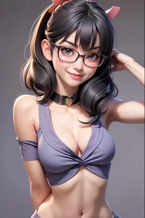 1 cute girl (18year old) Glasses, Upper body, Slim waist, Natural small breasts, impact pose, fascinated expression, Bangs, Random hairstyle, cleavage, Navel, Collar, Collarbone, off shoulders, Seductive smile, wear hot and sexy outfits, Geisha costume, Ra...