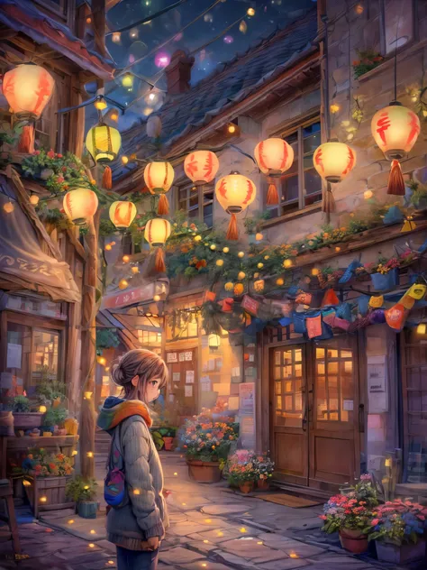 (Faraway view:1.8), ((at winter season))，(New Year&#39;s Day)，(fireworks in the night sky:1.8)，Quaint European village，(corner flower shop:1.5)，beautiful  flowers，warmly lit，(Filled with many colorful lanterns and New Year decorations:1.8)，(Girl in down ja...