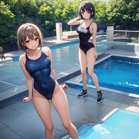 young 17 years old, Girl vs, Dark blue one-piece swimsuit,Slightly larger,Willow waist, Hair style is bob, poolsidebackground,Smiling faces,Full body lesbian,lewd poses