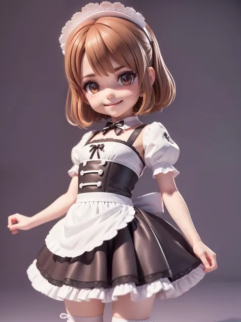 tmasterpiece，Maid style，comic strip，adolable，tiny girl，(((full body Esbian))), Smiling smile, short brown hair，Katyusha on the head, Wearing black and white maid clothes，The clothes have white lace decorations.，curious expression，Game Character，3d rendered...