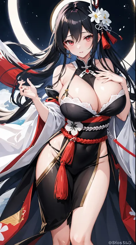 anime girl with a very large breast and a very long black hair, Kantai Collection Style, Onmyoji detailed art, albedo from overlord, Seductive Anime Girl, by Shitao, best anime 4k konachan wallpaper, Onmyoji, from girls frontline, from arknights, kancolle,...