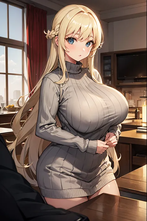 Blonde hair, Gray sweater, humongous large breast