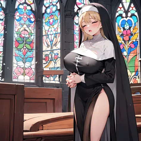 (solo 1 praying cute nun:1.3) standing in church, praying with holding hands together over chest, very thin, (black sheer long dress:1.5), (gigantic breasts:1.3), (bursting breasts:1.2), (black sheer long skirt:1.4), inconceivably thin waist, closing eyes,...