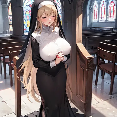 (solo 1 praying cute nun:1.3) standing in church, praying with holding hands together over chest, very thin, (black sheer long dress:1.5), (gigantic breasts:1.3), (bursting breasts:1.2), (black sheer long skirt:1.4), inconceivably thin waist, closing eyes,...