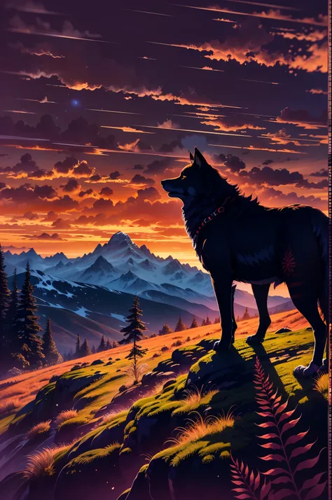 (best quality, highres, ultra-detailed), silhouette art, vibrant colors, detailed, shadowy silhouette of a lone wolf standing on a majestic mountain, sunset