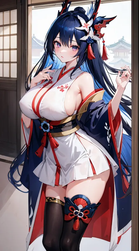 anime girl with a very large breast and a very long black hair, nime girl, by Shitao, Best Anime 4K、((omatsuri))、(bathrobe)、(a miniskirt)、thigh-high socks、((((Onmyoji))))