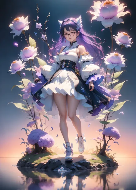 tmasterpiece, Best quality,kfc, 1 girl, through bangshoulder, a skirt, , mitts, jewely, The large_, long_the hair, long_the sleeve, lace hose, The purple_eyed, The purple_the hair, The shirt, Alone,Peek at viewers,sunsglasses,比基尼, (suns, cloud,Renaissance ...