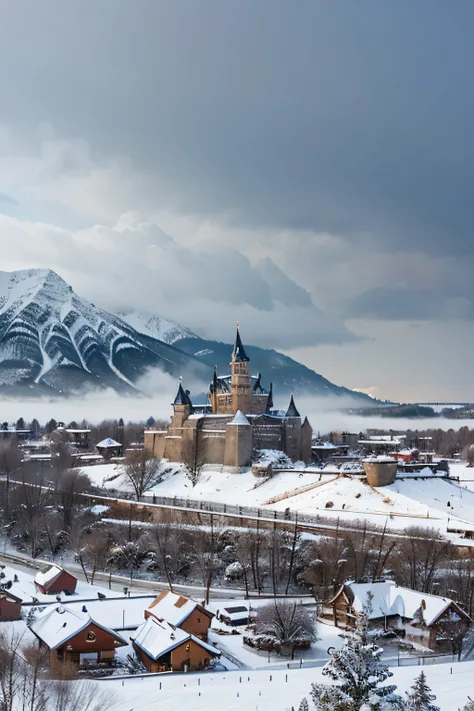 a town with a castle in a blizzard with mountains behind it