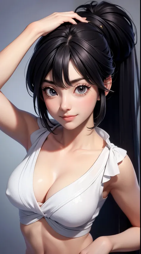 chichi from dragon ball anime, Bun hair, Black hair, Bangs, Black eyes, Beauty, Beautiful woman, Perfect body, Perfect breasts, using a Towel, Towel, white Towel, In the bathroom, bathtub, taking shower, Looking at the viewer, Realism, Little smile, masute...