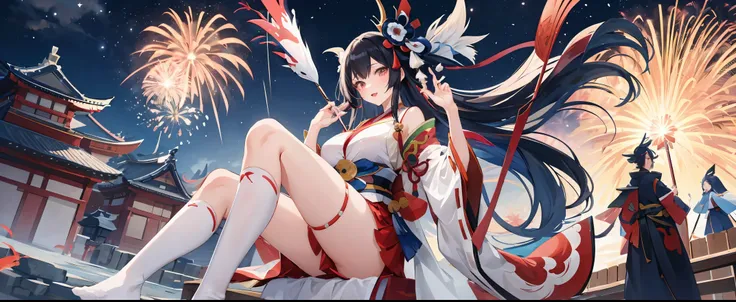 anime girl with a very large breast and a very long black hair, nime girl, by Shitao, Best Anime 4K、((omatsuri))、Fireworks Festival、((Temples))、(bathrobe)、(a miniskirt)、thigh-high socks、((((Onmyoji))))