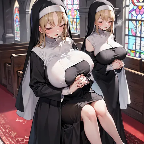 (solo 1 praying cute nun:1.3) standing in church, praying with holding hands together over chest, very thin, (black sheer long dress:1.5), (gigantic breasts:1.3), (bursting perky breasts:1.2), (black sheer long skirt:1.4), inconceivably thin waist, closing...