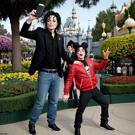 Showing a photo of Michael Jackson posing at Disneyland, Combine the iconic moves of pop stars with the whimsical setting of a theme park, Create unexpected and playful images,high-level image quality