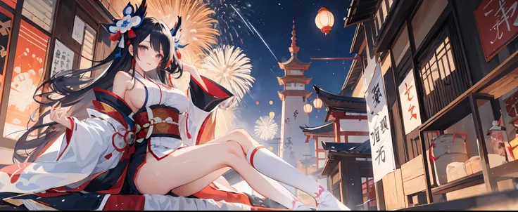 anime girl with a very large breast and a very long black hair, nime girl, by Shitao, Best Anime 4K、((omatsuri))、Fireworks Festival、((Temples))、(bathrobe)、(a miniskirt)、thigh-high socks、((((Onmyoji))))