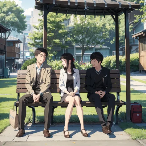 The girl next door and a cheerful two boy sit on a park bench。