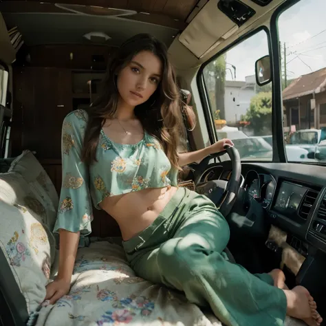 Girl in hippie van, beautiful, 8k, ultrarealistic, perfect texture, masterpiece, wearing long pants, green top, she is barefoot, her hair is brown with flowers, model, 26 years old, amazing lights, she is barefoot