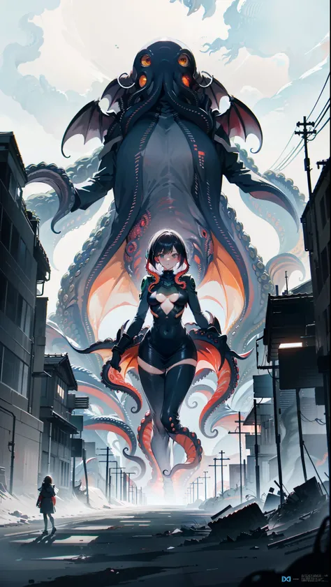 (((((A giant Cthulhu towering in the distance)))))、super girl, pureerosface_v1, DC Comics Girl Stickers, Full body, kim jung gi, , souls, digital Illustration, Comic style, Cyberpunk, Perfect Anatomy, Centered, Approaching perfection, Dynamic, Highly detai...