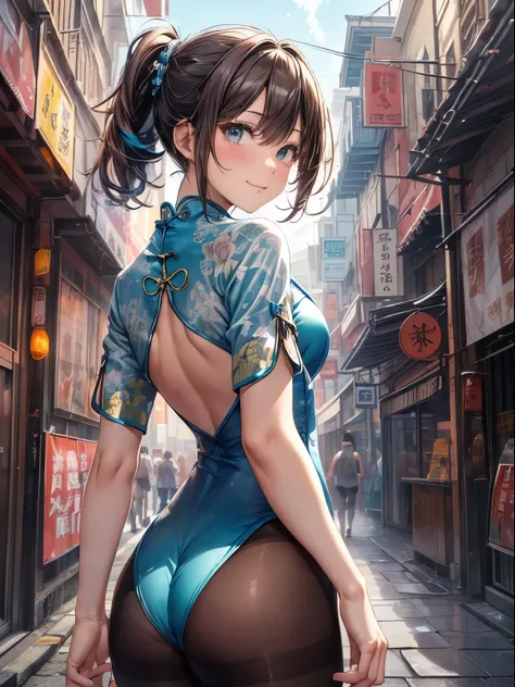 top-quality、Full limbs、complete fingers、((one beautiful women))、Beautiful busty woman、Shorthair woman、poneyTail、Woman with dark hair、((light blue cheongsam leotard:1.3))、Chinese pattern leotard、((Brown pantyhose:1.2))、A big smile、Chinatown streetscape、Rear...