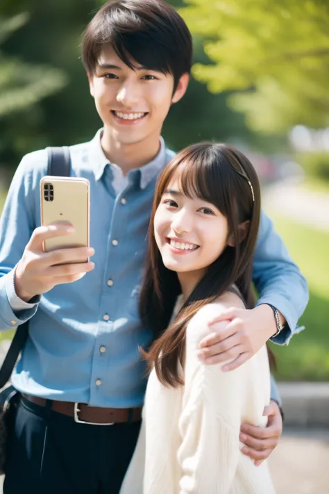 young japanese man and woman are happy, smiling, holding mobile phone