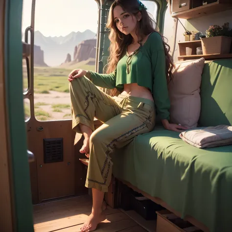 Girl in hippie van, beautiful, 8k, ultrarealistic, perfect texture, masterpiece, wearing long pants, green top, she is barefoot, her hair is brown with flowers, model, 26 years old, amazing lights, she is barefoot