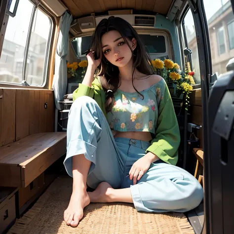 Girl in hippie van, beautiful, 8k, ultrarealistic, perfect texture, masterpiece, wearing long pants, green top, she is barefoot, her hair is brown with flowers, model, 26 years old, amazing lights, she is barefoot