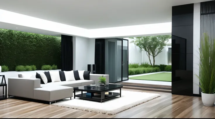 You are a famous interior designer、You have been asked to create a 3D image of a modern large room. Create a harmonious environment with modern and minimalist furniture. Including garden interior.