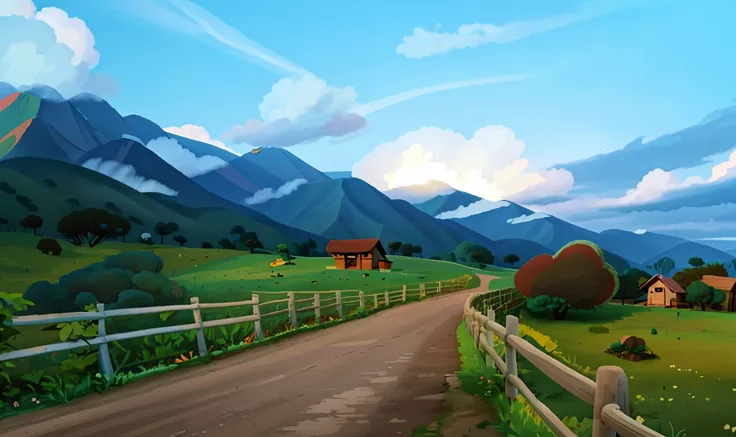 make it more cartoon illustration, Malaysia mountains, (((puffy clouds))), 2D animation concept art, animation background