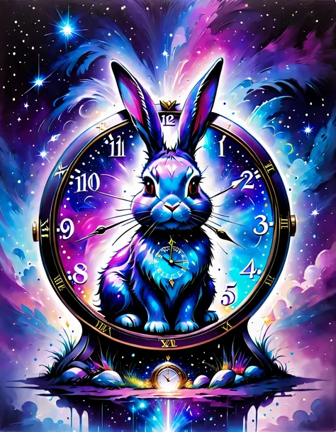 clock and rabbit，galactic，Starcloud, Shiny colors, purple and blue colored, The content is very detailed, beautiful light up, Ethereal, mistic, 8K, vibrant with colors, nice backlight,  splash of color